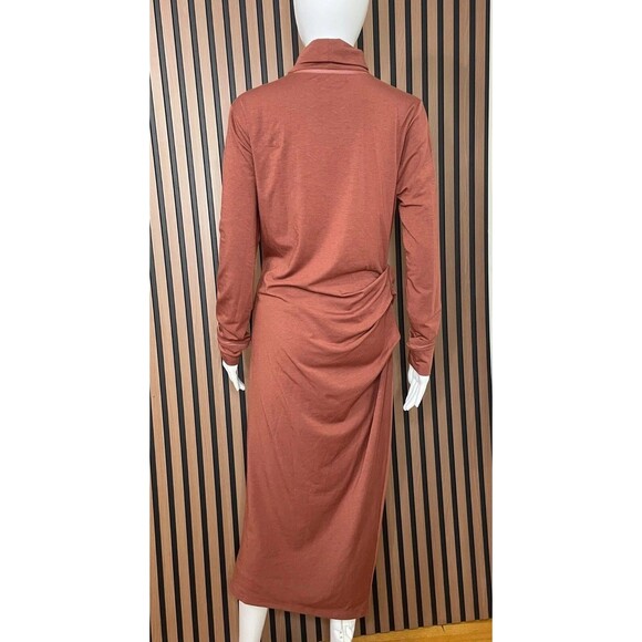 Athleta Industry Women's Dress Midi Bodycon Turtleneck Stretch Ruched M Brown - Picture 2 of 10